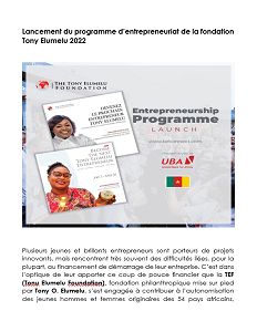 Lancement du programme d’entrepreneuriat de la fondation Tony Elumelu 2022