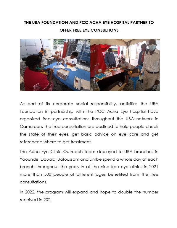 THE UBA FOUNDATION AND PCC ACHA EYE HOSPITAL PARTNER TO OFFER FREE EYE CONSULTIONS