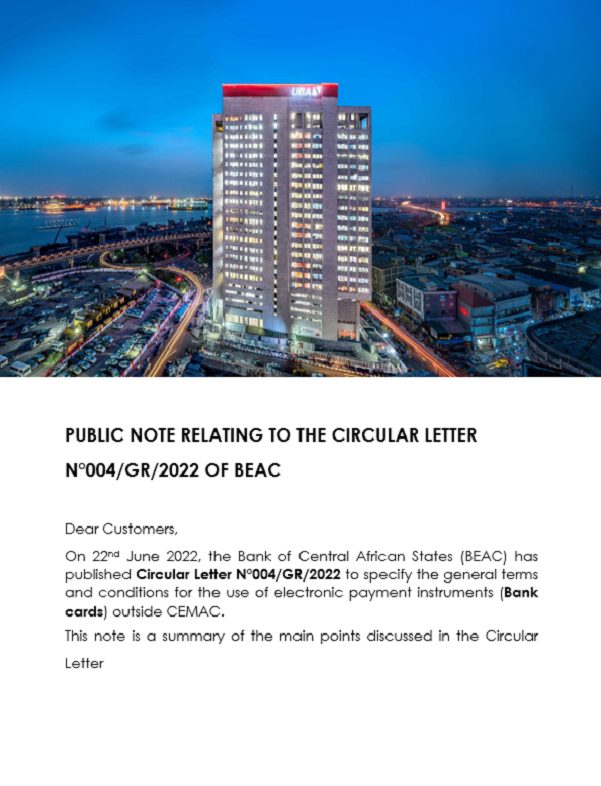PUBLIC NOTE RELATING TO THE CIRCULAR LETTER N°004/GR/2022 OF BEAC
