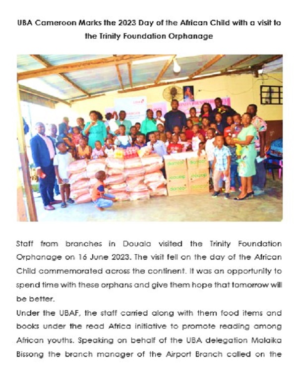 UBA Cameroon Marks the 2023 Day of the African Child with a visit to the Trinity Foundation Orphanage